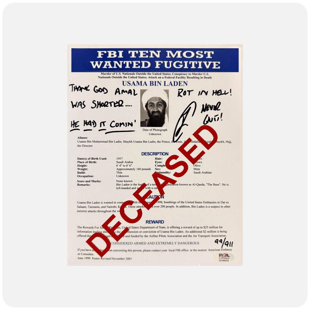 Robert O'Neill Signed Osama Bin Laden Limited Edition /911 "DECEASED" 8x10 FBI Document