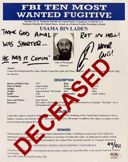 Robert O'Neill Signed Osama Bin Laden Limited Edition /911 "DECEASED" 8x10 FBI Document