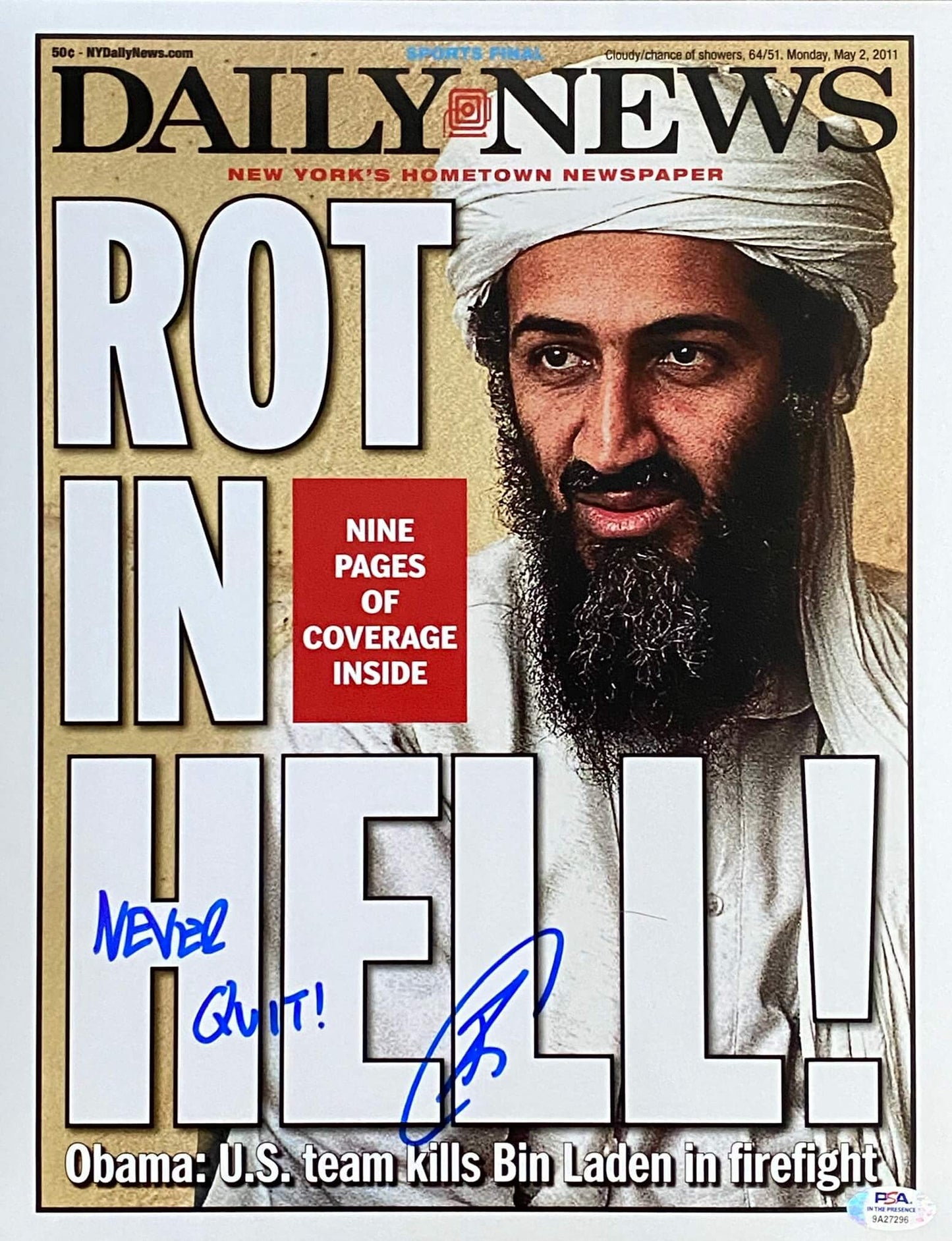 Robert O'Neill Signed "ROT IN HELL" New York Daily News Cover