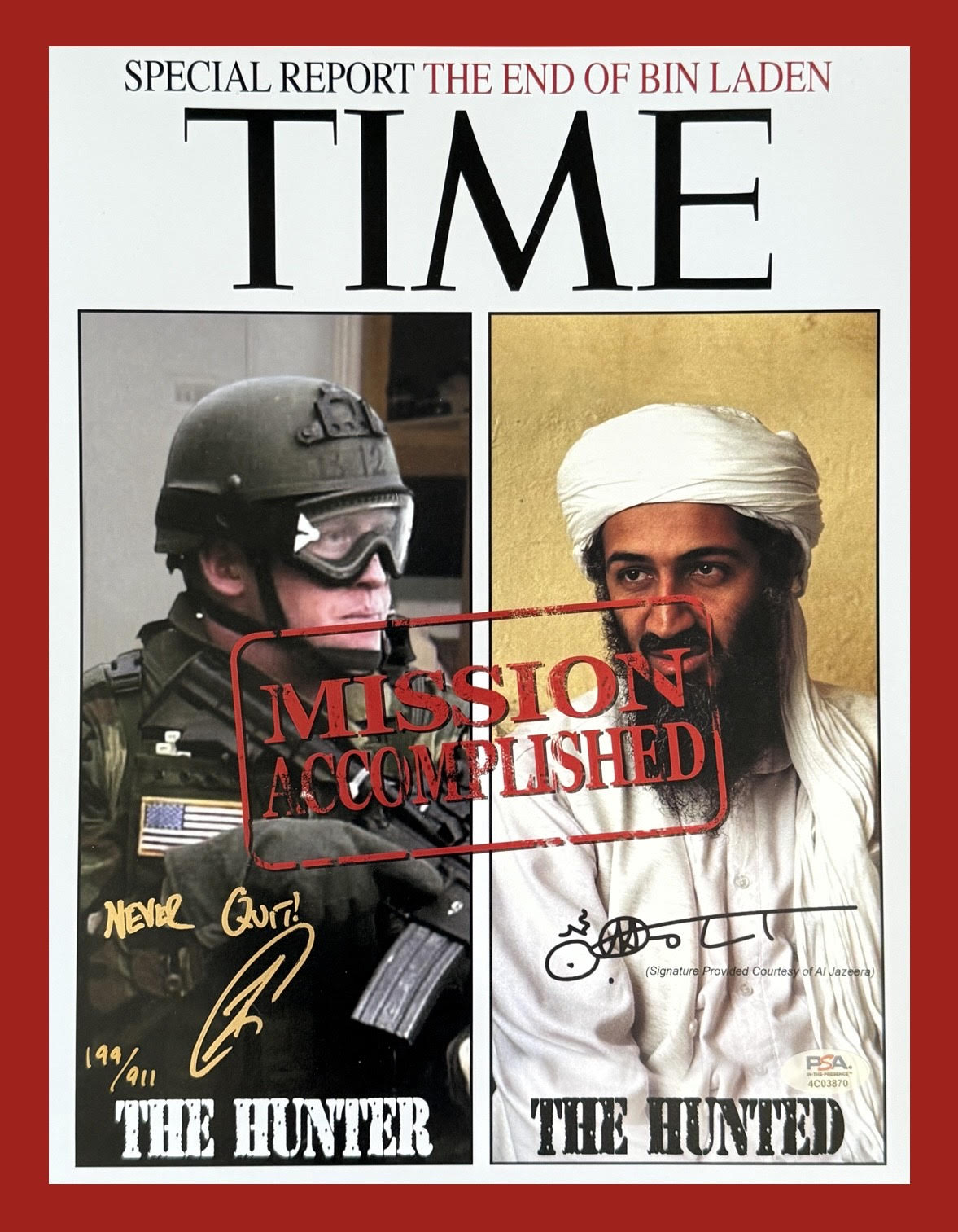 Robert O'Neill Signed Limited Edition /911 "The Hunter & The Hunted" TIME Magazine 11x14 Cover Photo